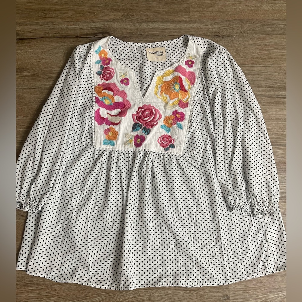 Women’s Savanna Jane Polka Dot Floral Embroidered Top Size 2xl